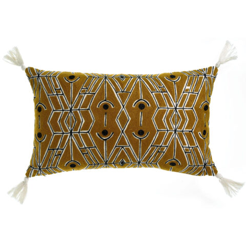 Cojín Vivaraise Tess brodé diseño bordado remate pompones esquinas, sofisticado Fernández Textil 100% algodón color bronce mostaza