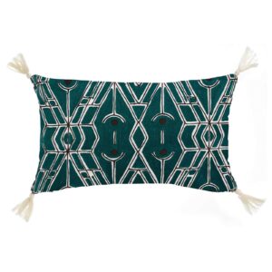 Cojín Vivaraise Tess brodé diseño bordado remate pompones esquinas, sofisticado Fernández Textil 100% algodón color esmeralda azul verdoso