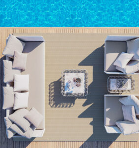 Alfombra reciclada para piscinas y terrazas exteriores Rols Maya Gradient. Bonita y elegante, resistente fácil limpiar. Crudo