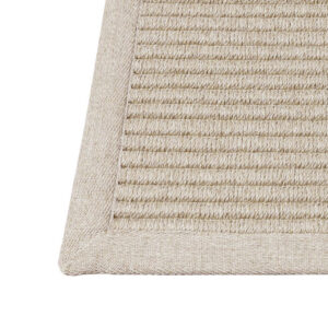 Detalle remate rústico alfombra reciclada Rols Maya Wave exterior. Fácil limpieza resistente. Bucle liso crudo avena