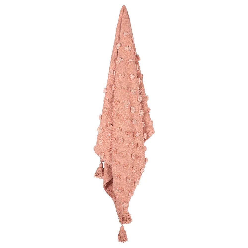 Plaid Lia Kas Australia, comprar online mantita de algodón acogedora y decorativa con pompones. Color salmón
