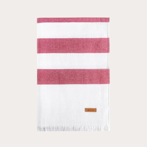 Toalla playa Briciní Costa Nova. Diseño a rayas en toalla tipo pareo, toalla hammam, ligera de algodón. Rayas blancas y rojas
